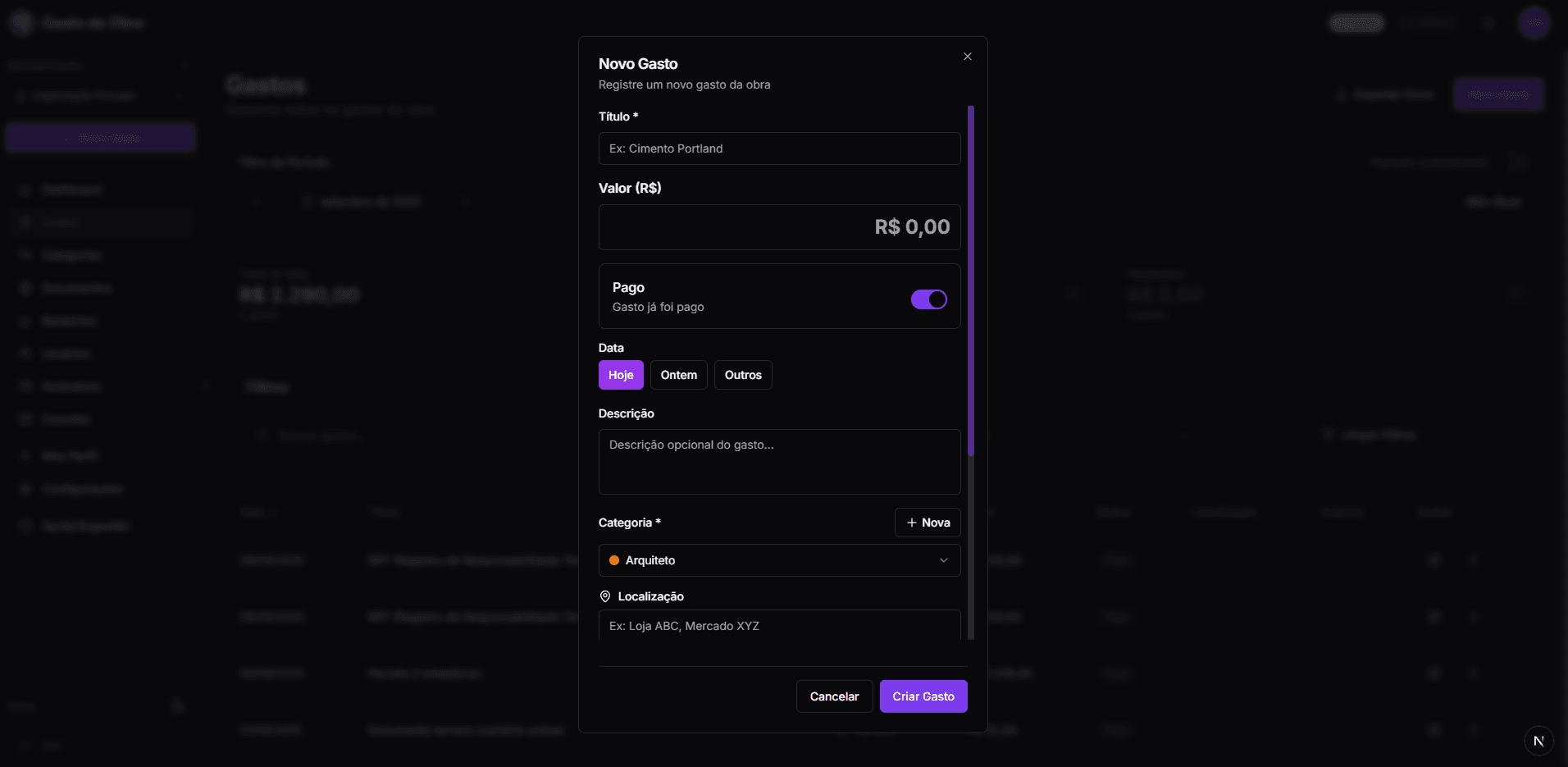 Gestão de Gastos - Cadastro rápido de despesas
